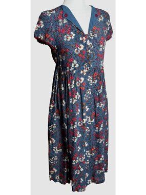 Vtg April Cornell Dress Blue Floral Midi Cottage Garden Boho Twee Pockets Wom XS
